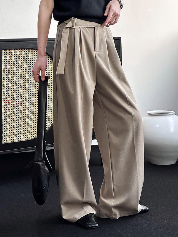 High Waisted Loose Belt Buckle Solid Color Suit Pants Trousers