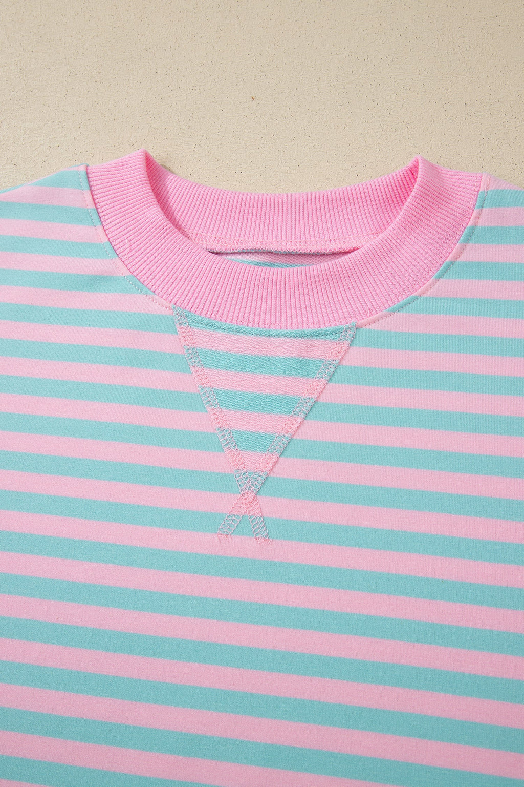 Pink Stripe Color Block Detail Long Sleeve Pullover Elastic Waist Pull On Shorts 2pcs Set
