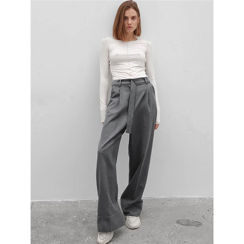 High-Waisted Wide-Leg Belted Casual Pants in Solid Color