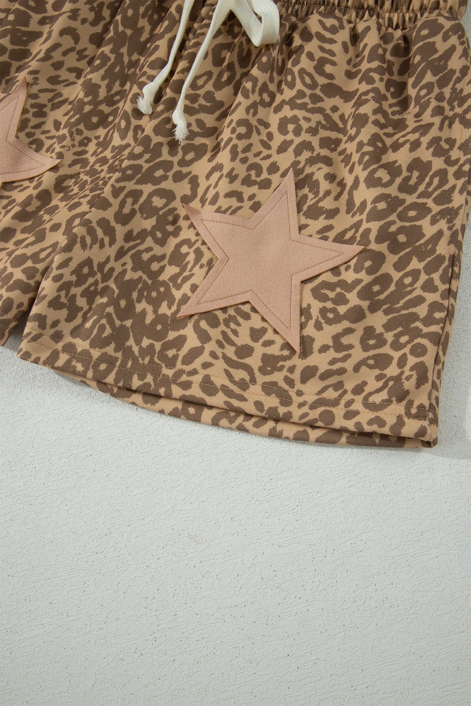 Khaki Leopard Drawstring Elastic Waist Star Patched Shorts