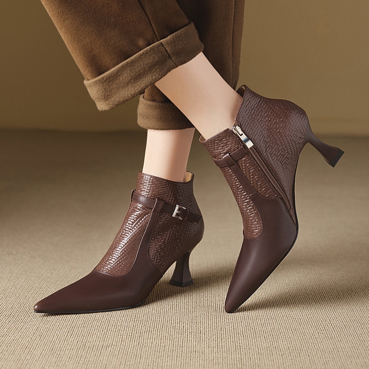 Women's Pointed Toe Chunky Heel Ankle Boots | Slip-On Leather Patchwork | Black & Brown