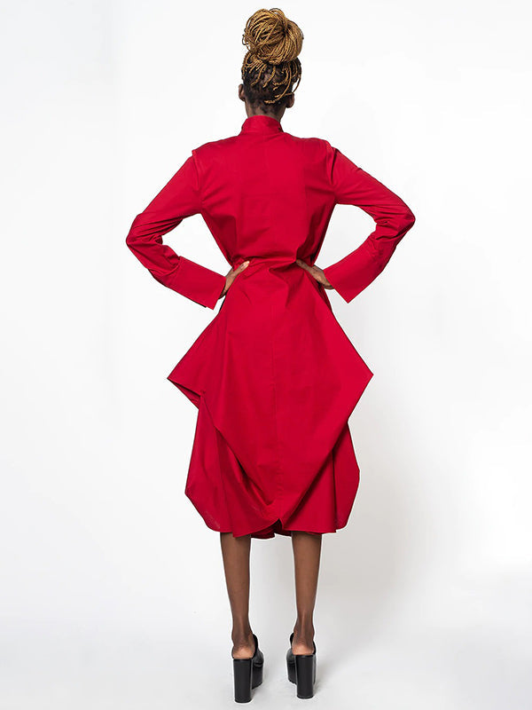 Chic Relaxed Fit Stand-Collar Long Sleeve Midi Dress