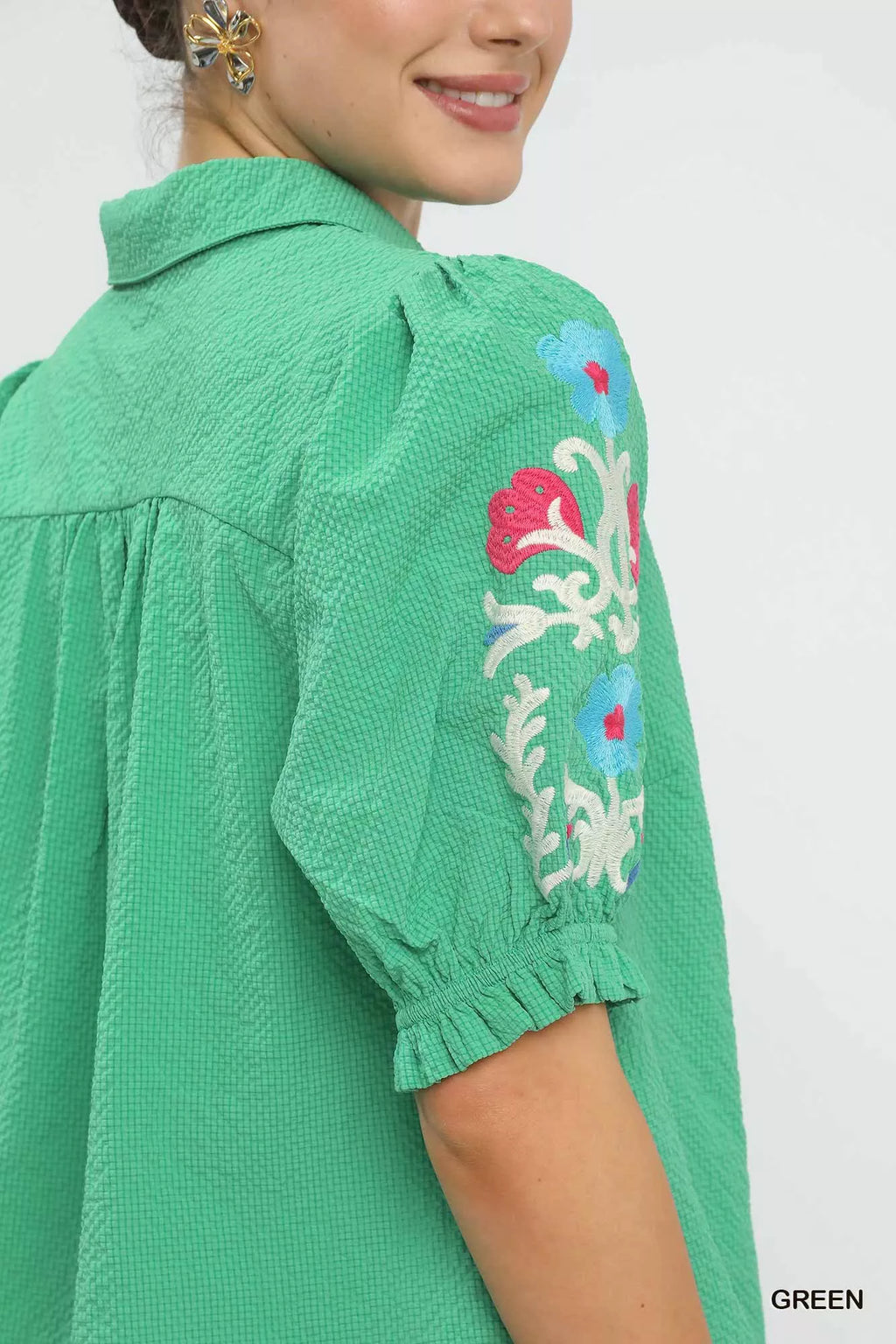 Seersucker Embroidered Sleeve Blouse
