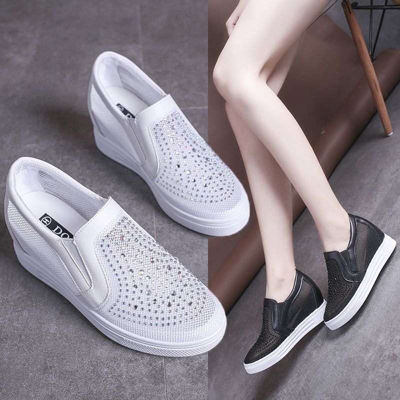 Women's Breathable Mesh Hidden-Heel Sneakers – Lightweight Rhinestone Casual Shoes
