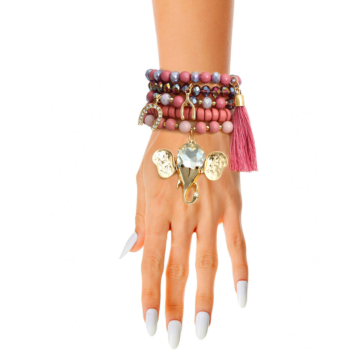 Charm Bracelet with Mauve Bead and Elephant Detail, Stylish Jewelry Accessory