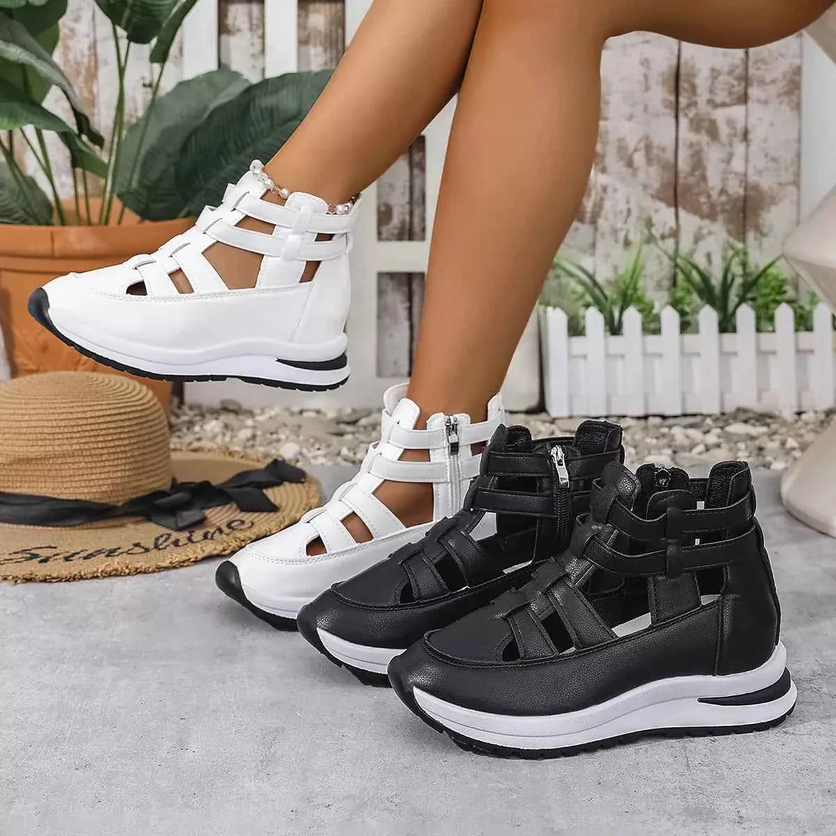 Women's Cutout Platform Sneakers | Low Heel PU Leather Shoes
