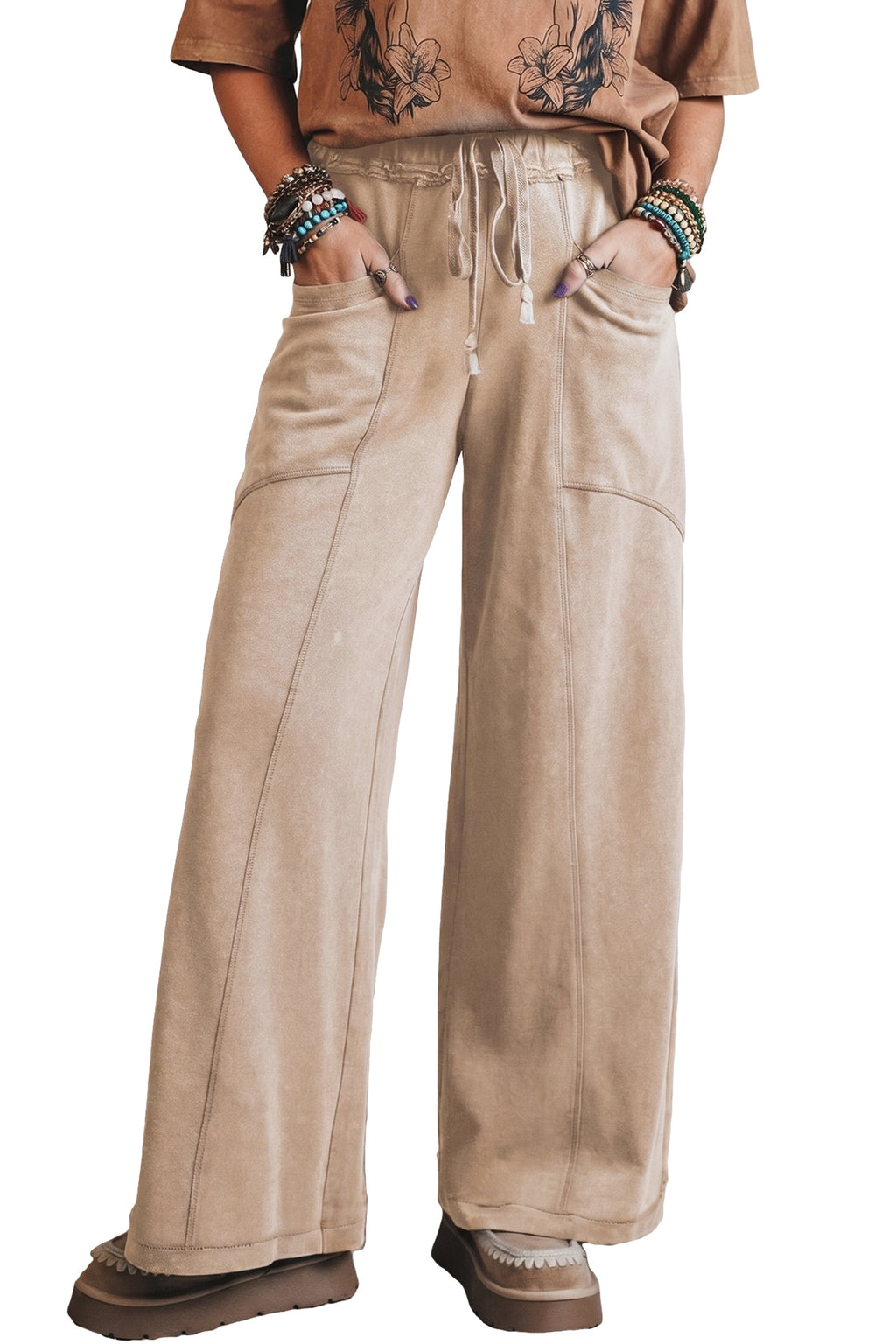 Smoke Gray Mineral Wash Drawstring Retro High Waist Wide Leg Western Pants