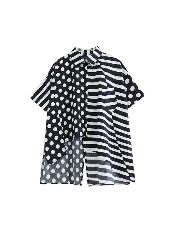 Half Sleeves High-Low Asymmetric Contrast Color Polka-Dot Split-Side Striped Lapel Blouses Top + Pants Bottom Two Pieces Set