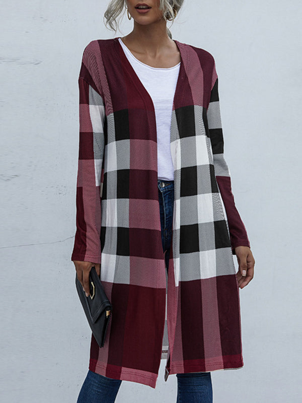 Long Sleeves Loose Plaid Collarless Outerwear