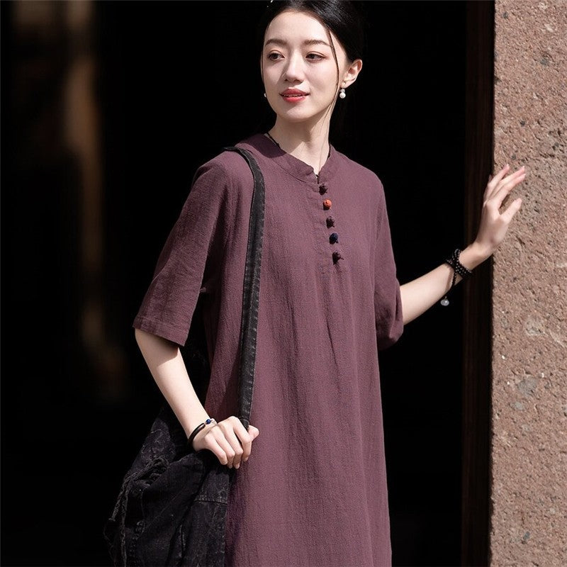 Stand Collar Short Sleeve Cheongsam Dress in Solid Color