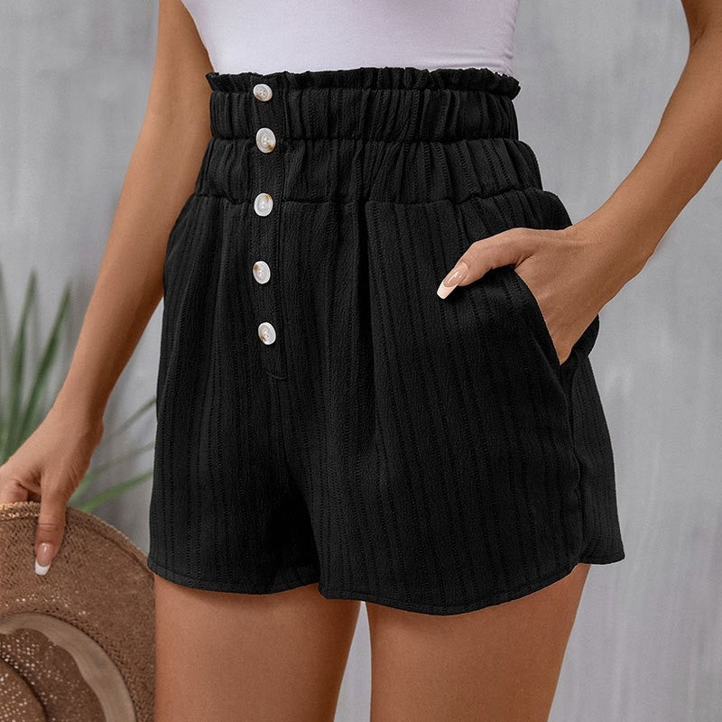 High-Waist Buttoned Shorts with Elastic Waistband and Pockets