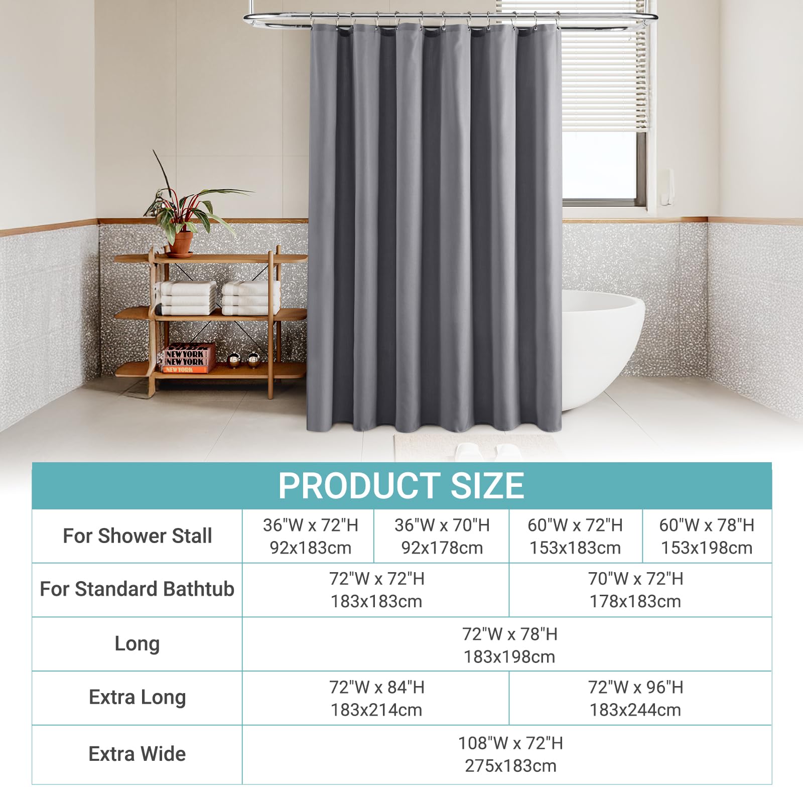 Jolilight Grey Linen Blend Shower Curtain Rustic Cottage 72x72 with Hooks