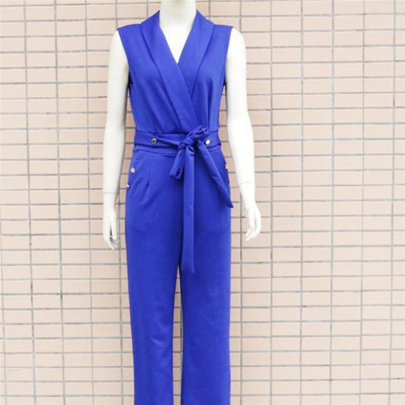 Solid Color V-Neck Sleeveless Jumpsuit - Professional Chic