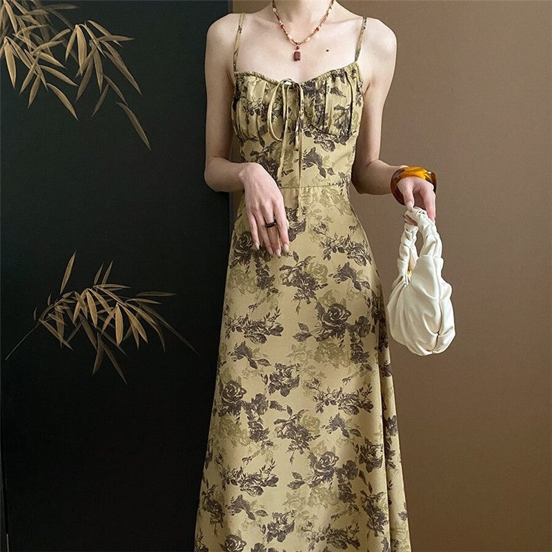 Floral Ink Print Strappy Waist-Tie Cami Dress