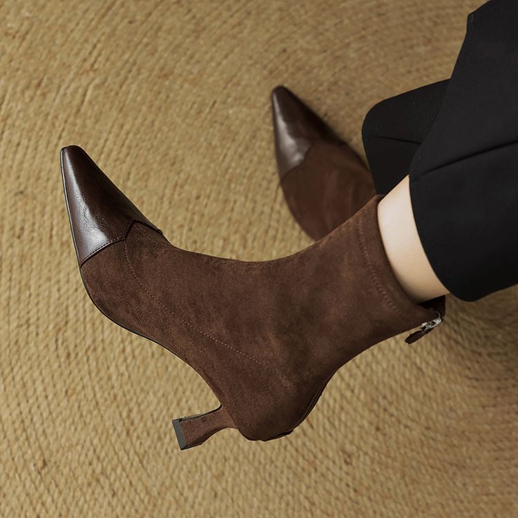 Women's Retro Pointed-Toe Patchwork Slim Mid-Calf Boots | Sheepskin Upper | Black & Brown