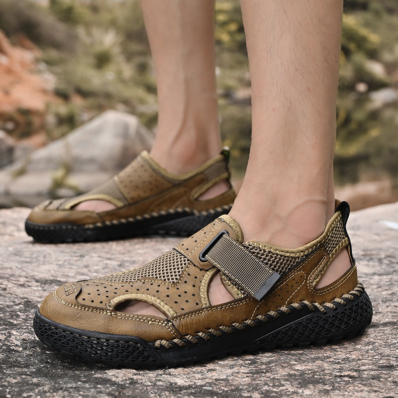 Men's Breathable Leather Mesh Closed-Toe Sandals with Velcro Strap - Genuine Leather & Rubber Sole