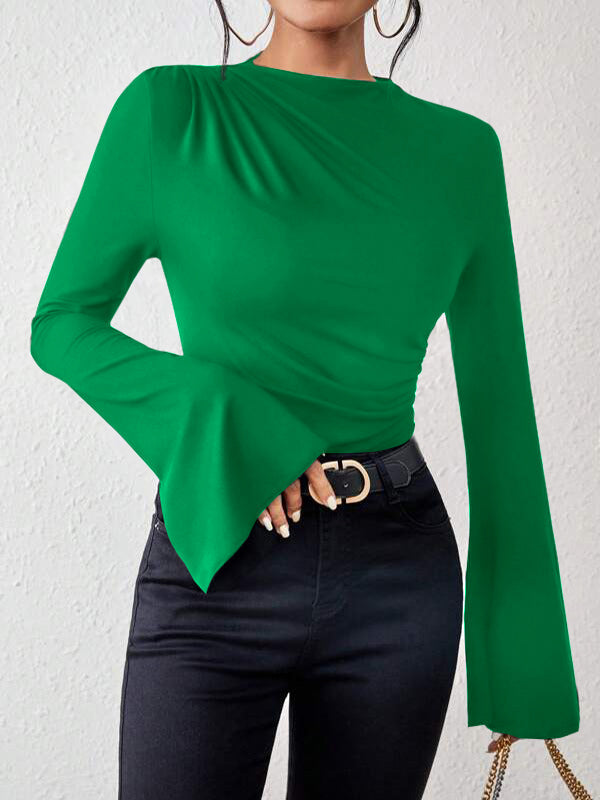 Flared Sleeve Boat Neck Long Sleeve Pleated Solid Color T-Shirt