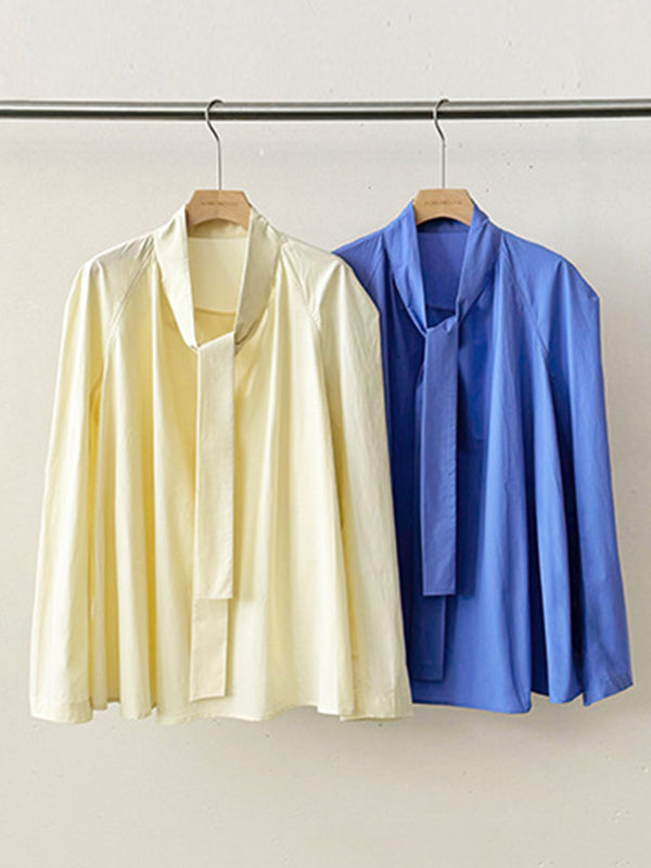 Long Sleeves Loose Solid Color Split-Joint Streamer High Neck Blouses