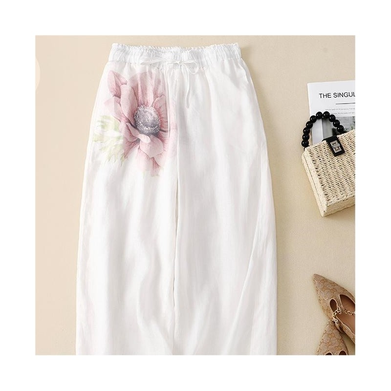 Vintage Women's Cotton Hemp Elastic Waist Lace-Up Wide Leg Trousers