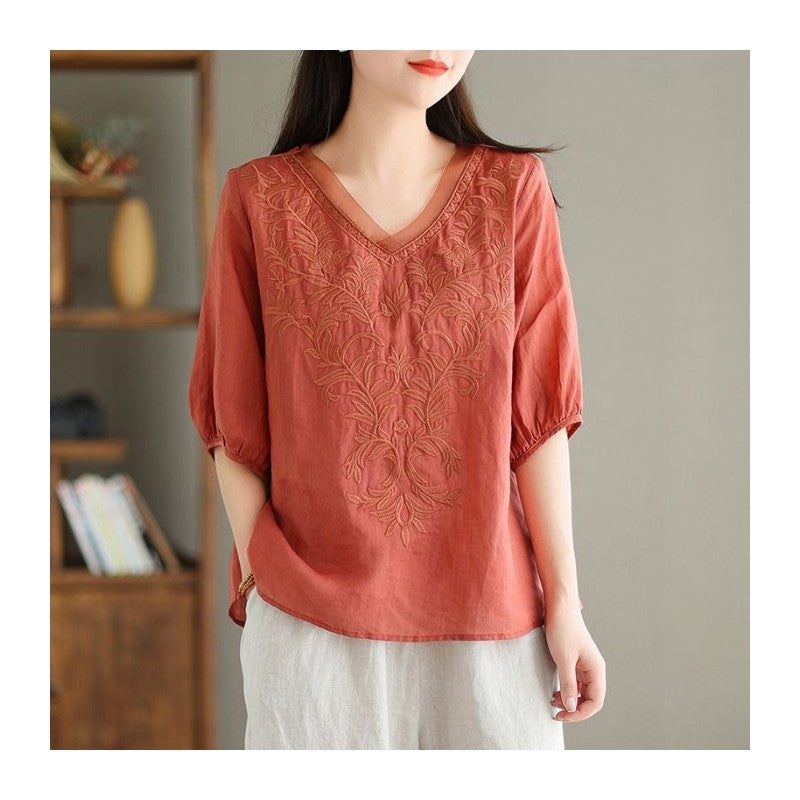 Casual V-Neck Embroidered Cotton-Linen Shirt with Heavy-Duty Construction