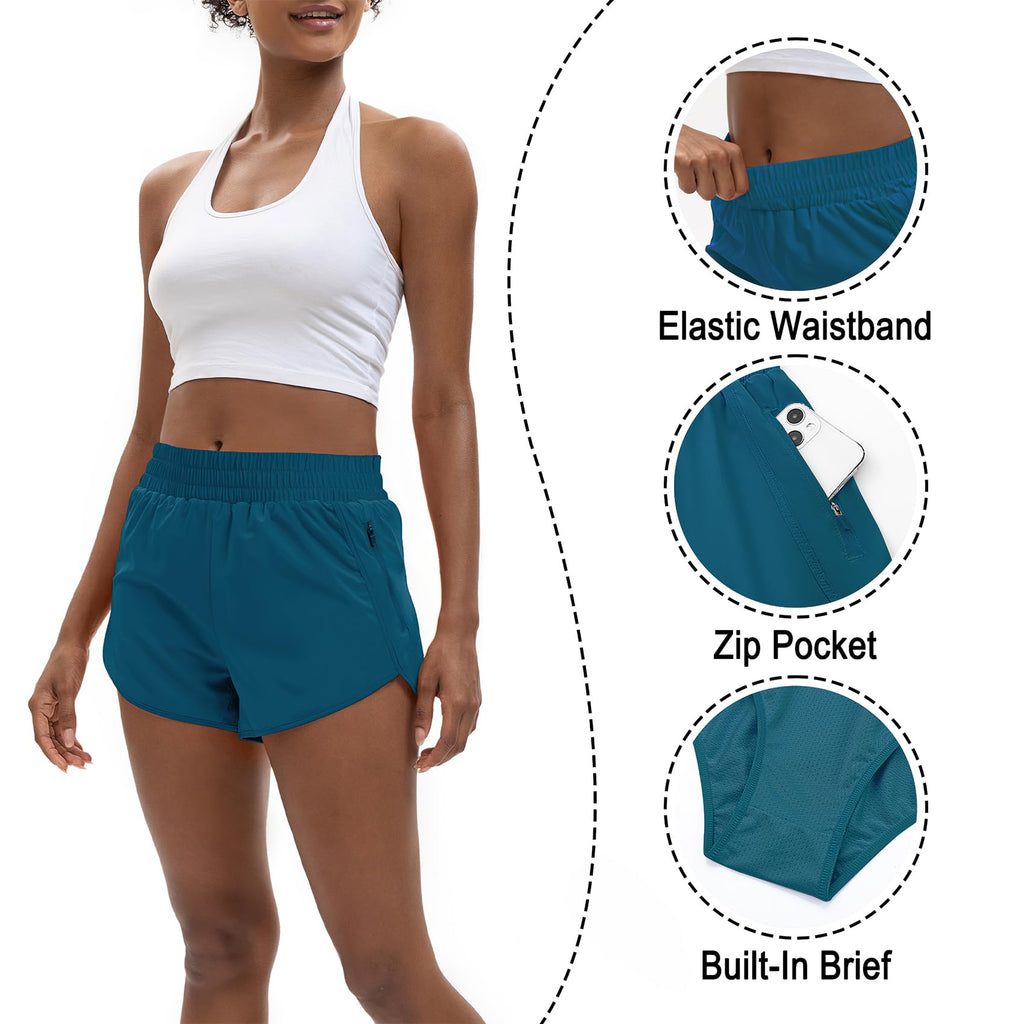 SAFWAK Women's High Waisted Running Shorts Quick Dry Zipper Pocket Turquoise L