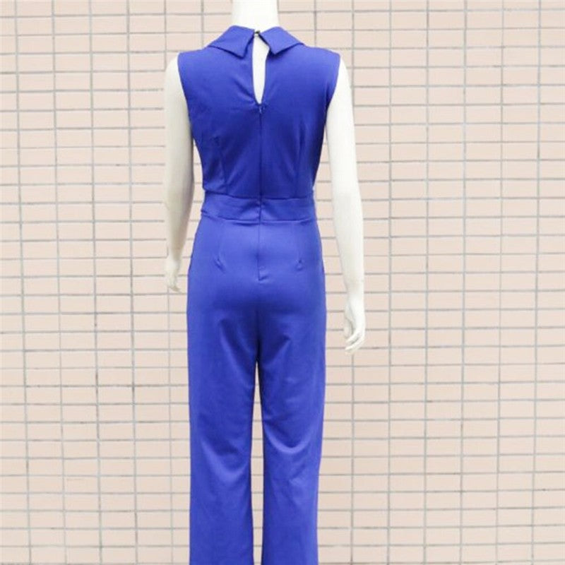 Solid Color V-Neck Sleeveless Jumpsuit - Professional Chic