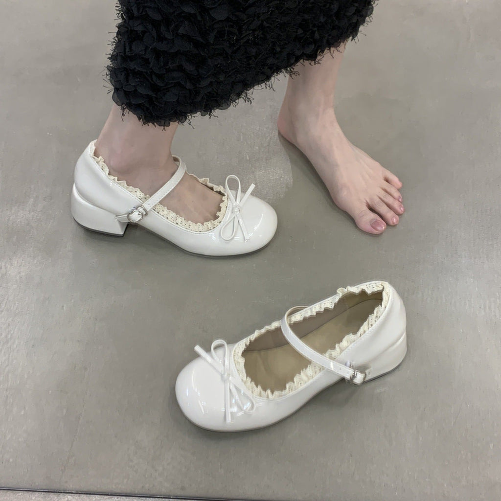 Women's French Lace Bow Mary Jane Shoes | Mid Heel Round Toe PU Leather