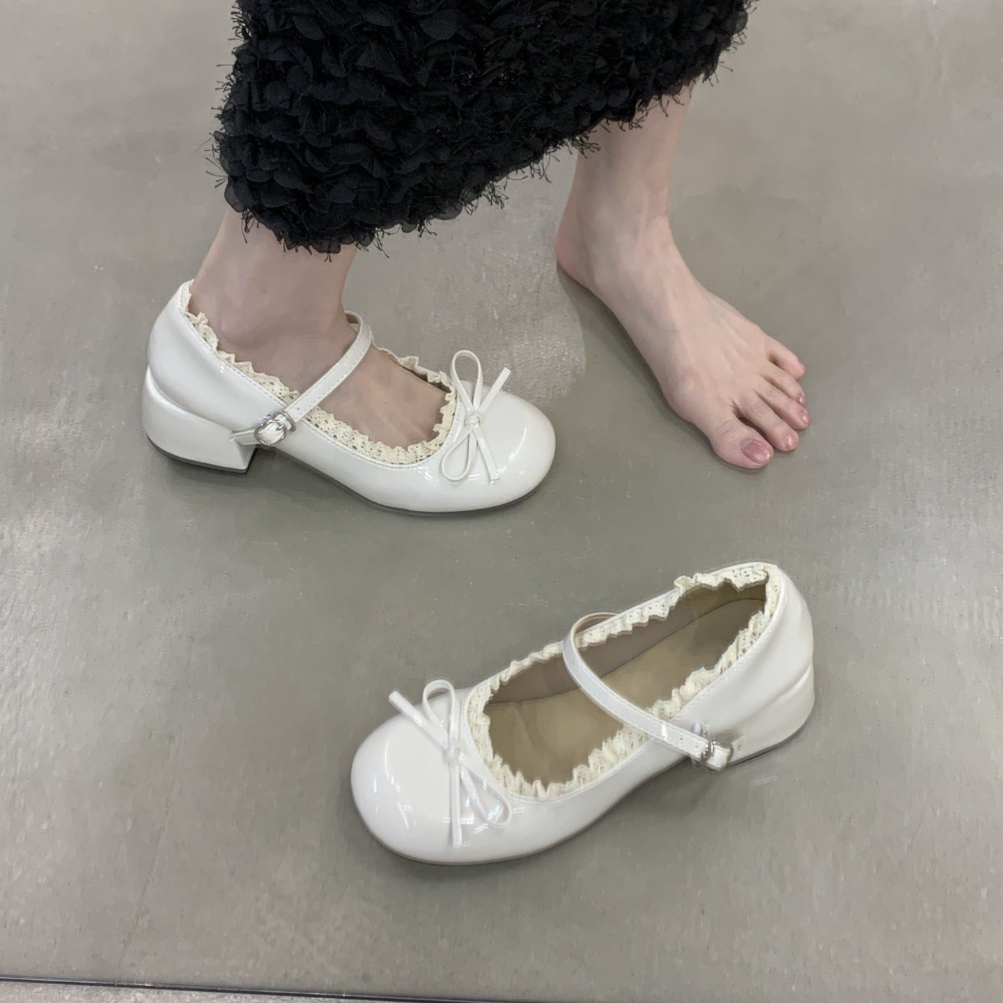Women's French Lace Bow Mary Jane Shoes | Mid Heel Round Toe PU Leather