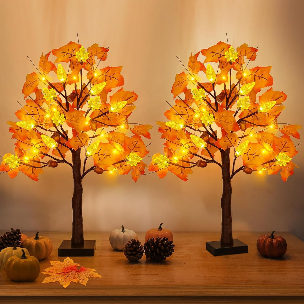 SURCVIO 2 Pack 24in Prelit Fall Maple Tree Decorations 48 LEDs Timer Battery