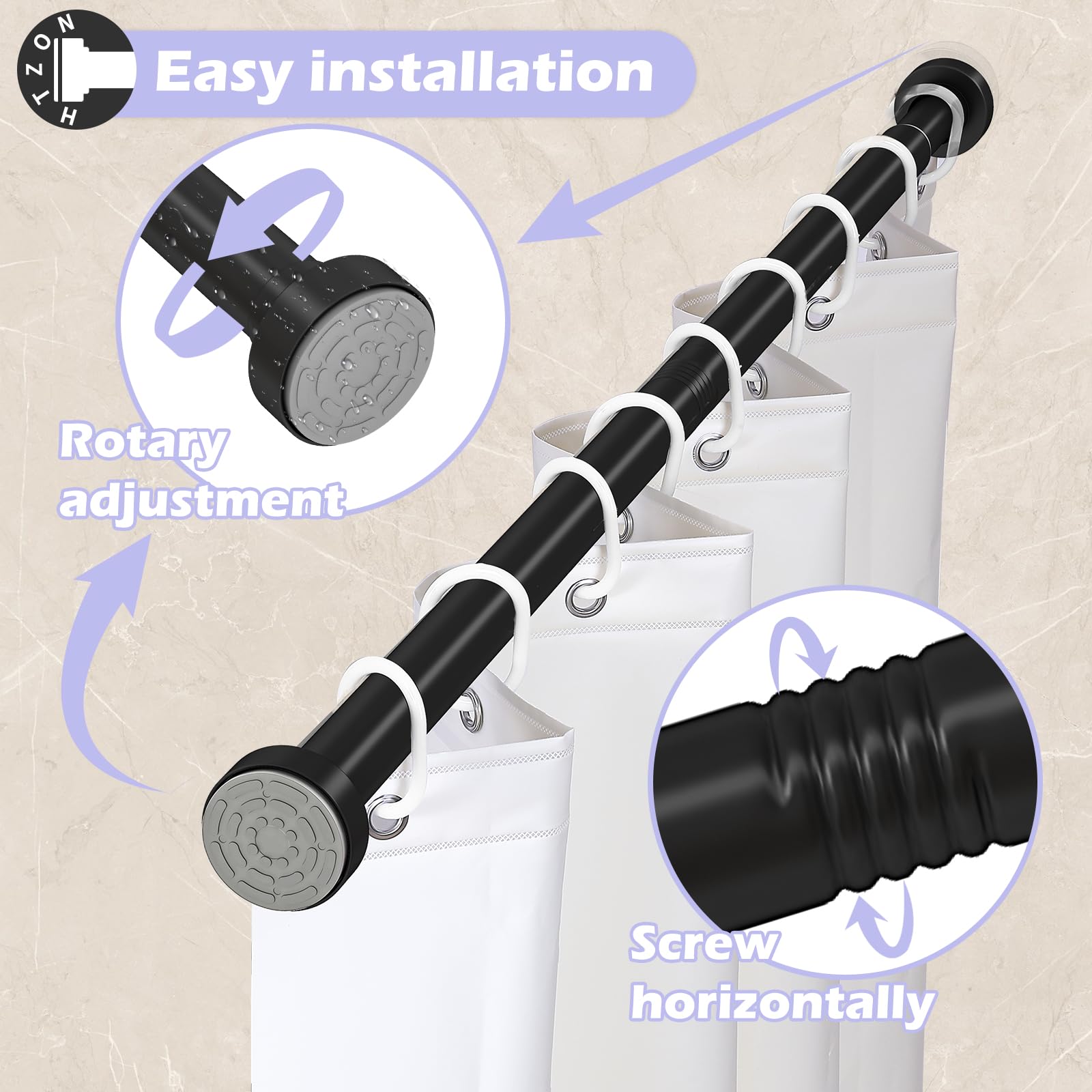 HTZON Adjustable Tension Shower Curtain Rod 34-43in Black Heavy Duty Iron