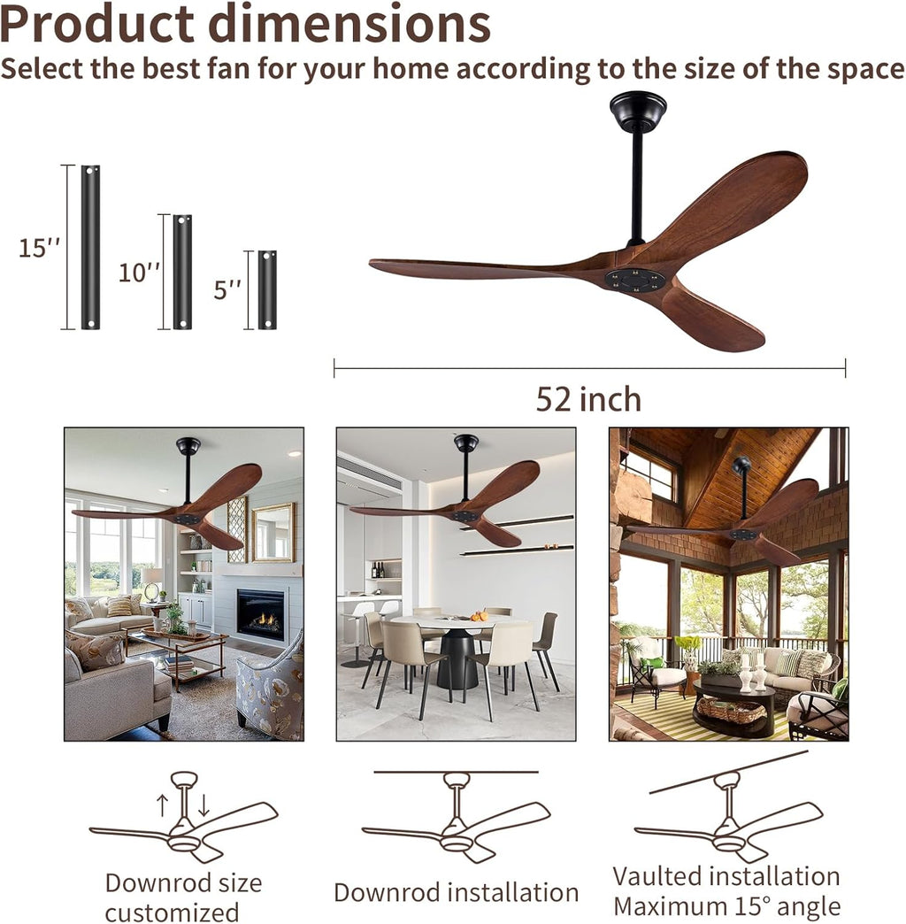 52 Inch Solid Wood Ceiling Fan 3-Blade DC Motor Remote