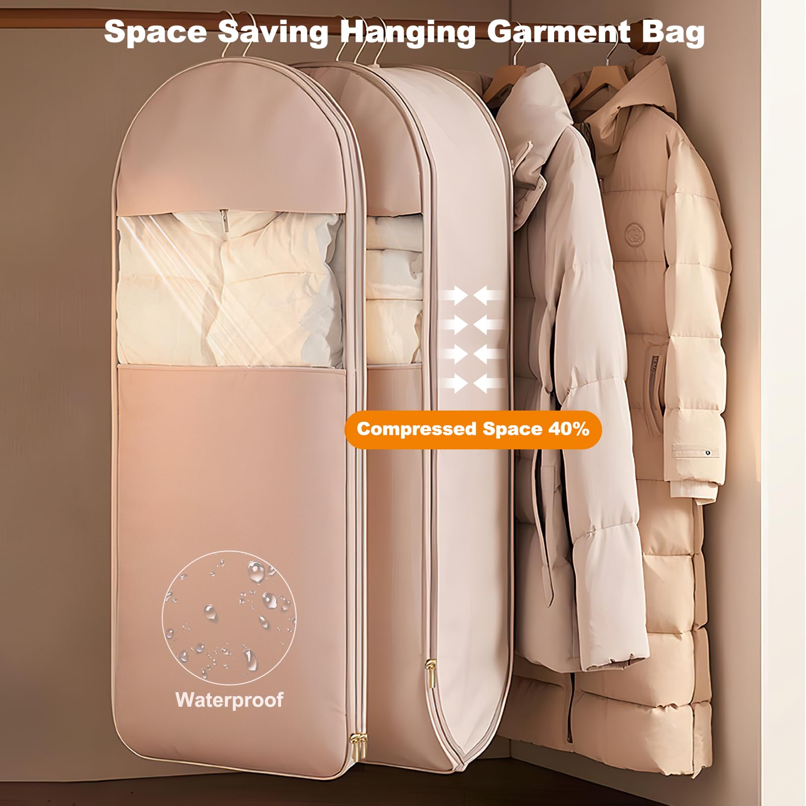 TPTAL Space Saving Hanging Garment Bag Beige with Self Compression Zipper