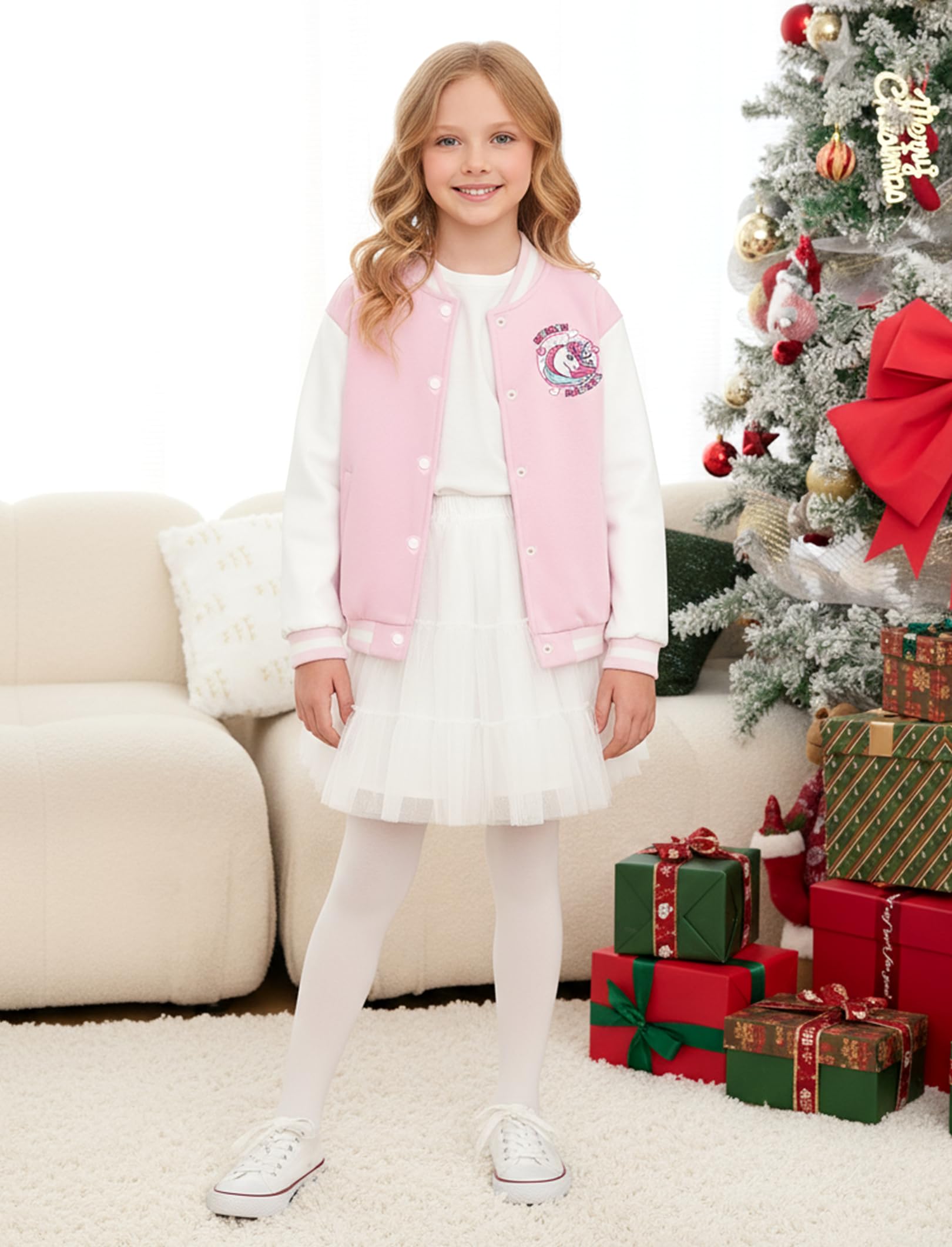 PATPAT Girls Varsity Baseball Jacket Light Pink Unicorn Coat Size 9-10 Years