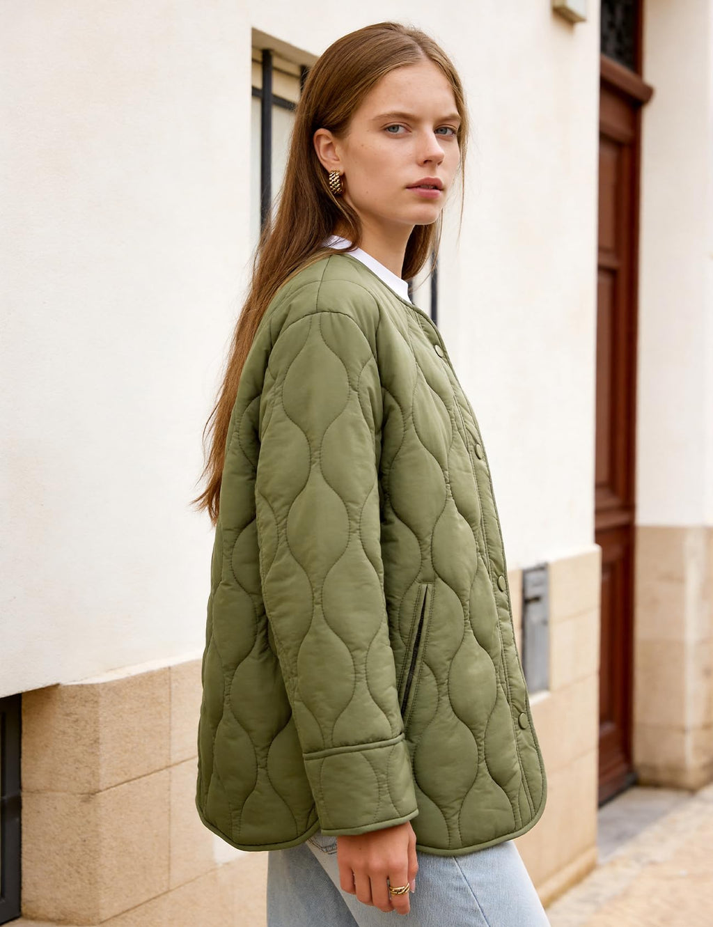 Flygo Women's Oversized Quilted Lightweight Puffer Jacket Green Size L