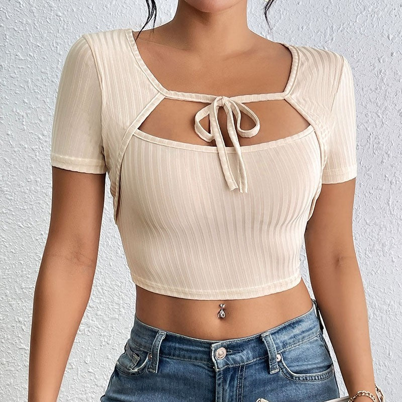 Ribbed Knit Tank Top Set with Square Neck and Belt