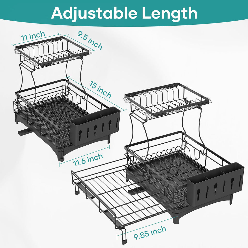 Gtyasm Extendable 2Tier Dish Drying Rack Drainboard & Cutlery Holder Black Large