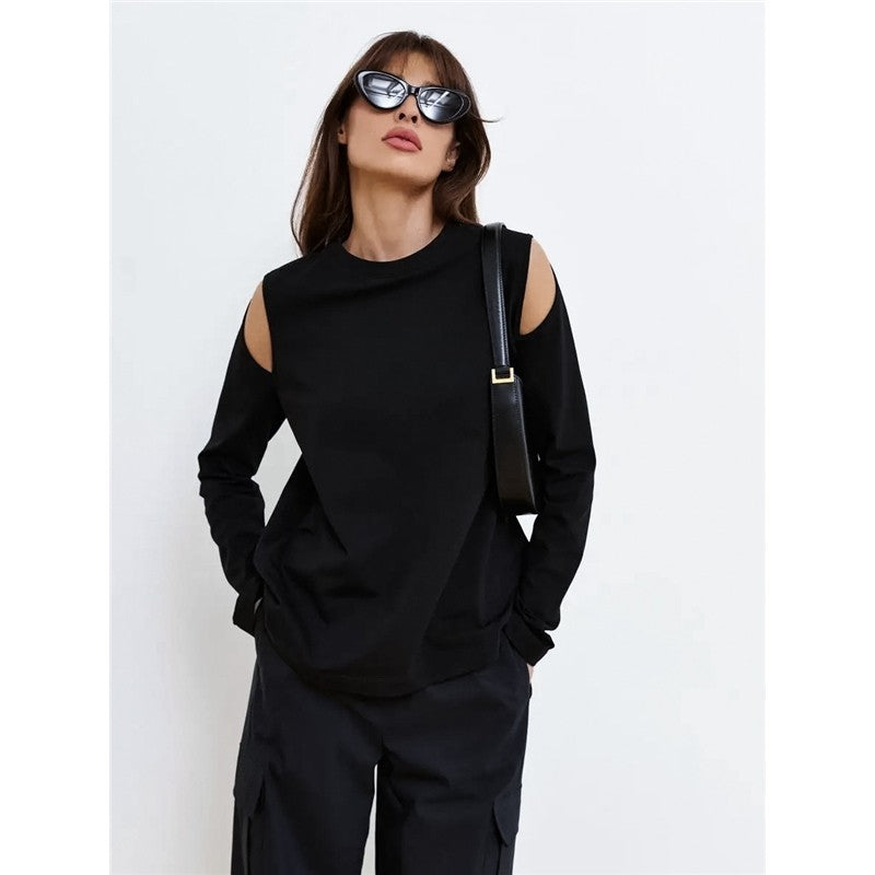 Simple Black Cotton Off-Shoulder Cutout Long Sleeve Top