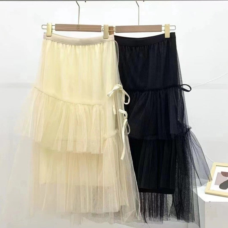 Solid Color Elastic Waist Mesh Patchwork Cake Skirt