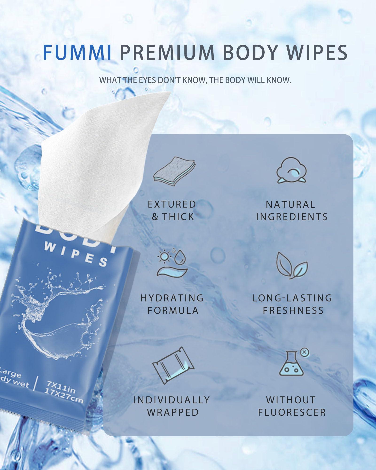 FUMMI 300 Pack Large Body Wipes Moisturizing No Rinse Bath Wipes Unscented