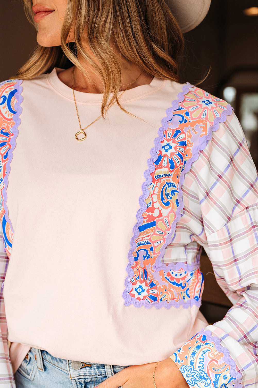 Delicacy Ricrac Trim Floral Plaid Patchwork Puff Sleeve Blouse