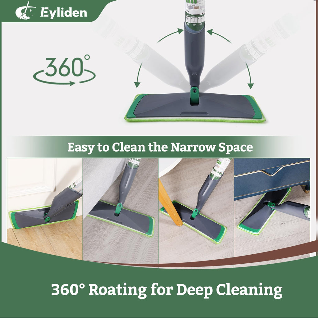 Eyliden Spray Mop Green+Grey with 40ml Bio-Enzyme Cleaner, 2 Microfiber Pads
