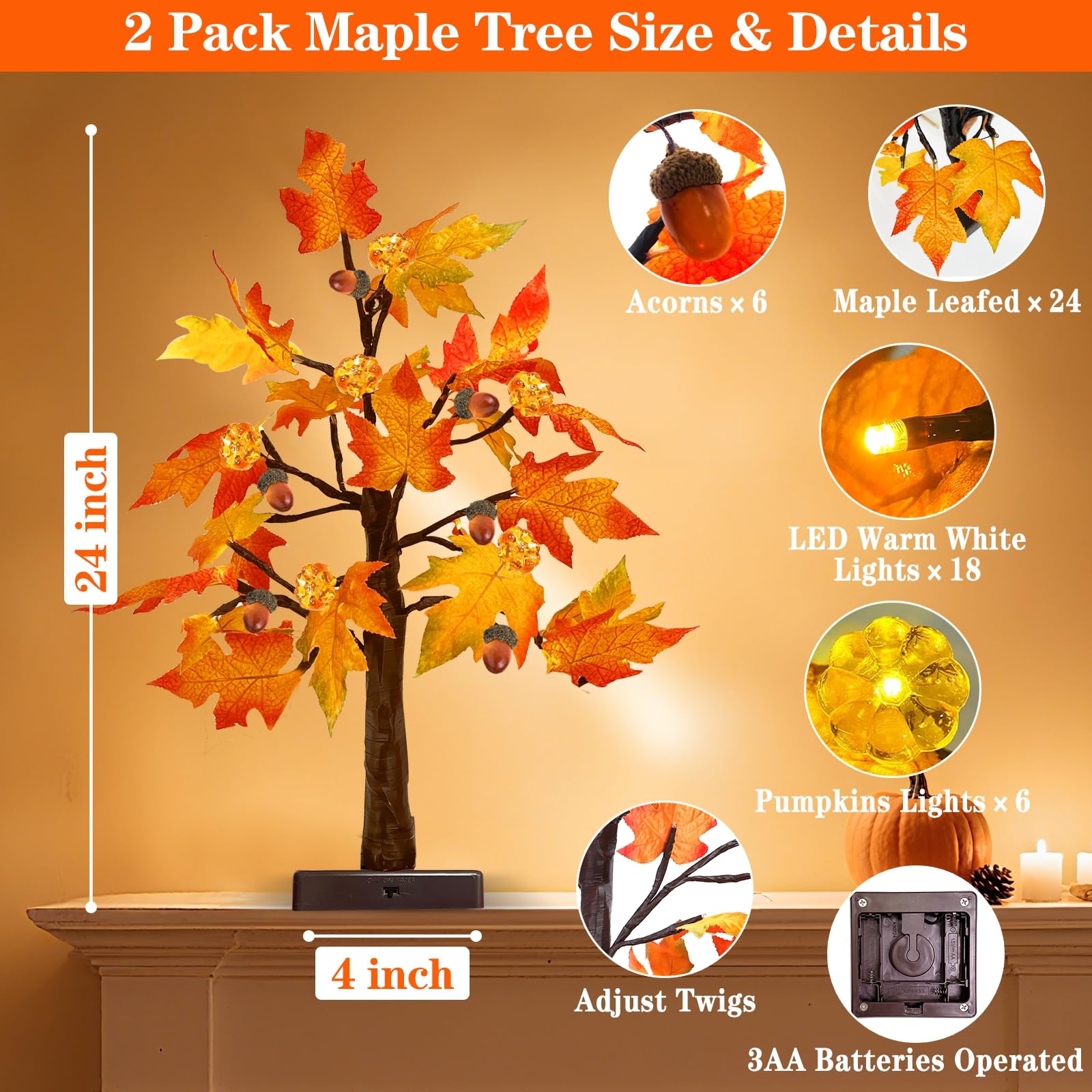 TURNMEON 2Pack 24in Prelit Fall Maple Tree Lights48 LED Timer Battery Orange Red