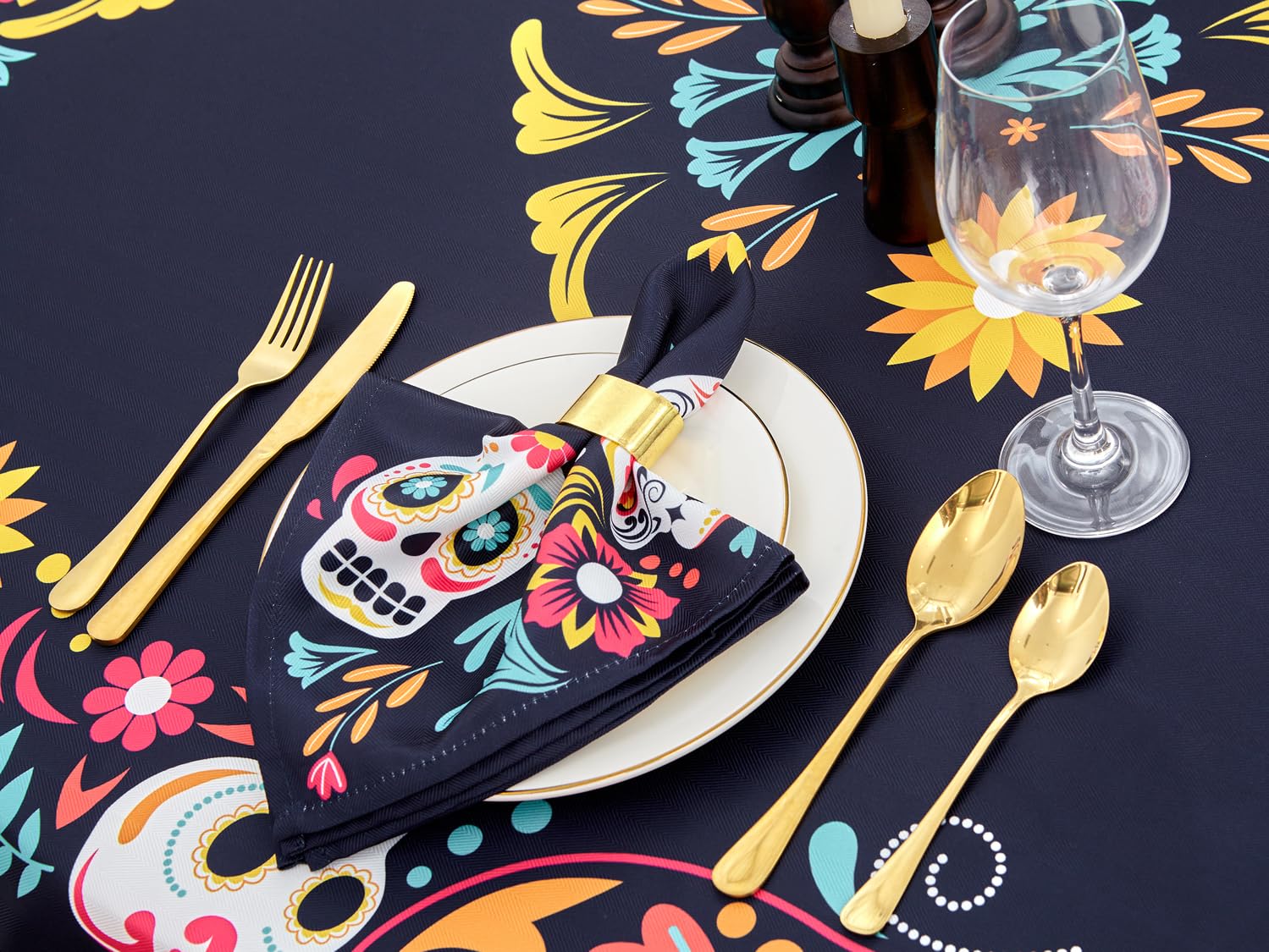 YiHomer Day of The Dead Table Runner Floral Skeleton Mask 14x72