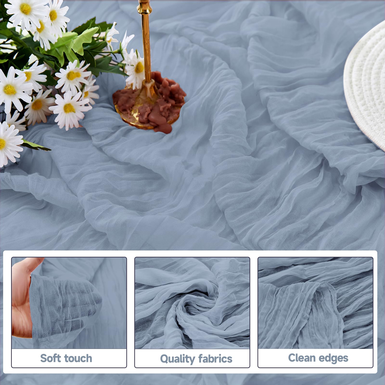 ZKPMJH 6PCS Dusty Blue Cheese Cloth Table Runner 35x120in Rustic Sheer