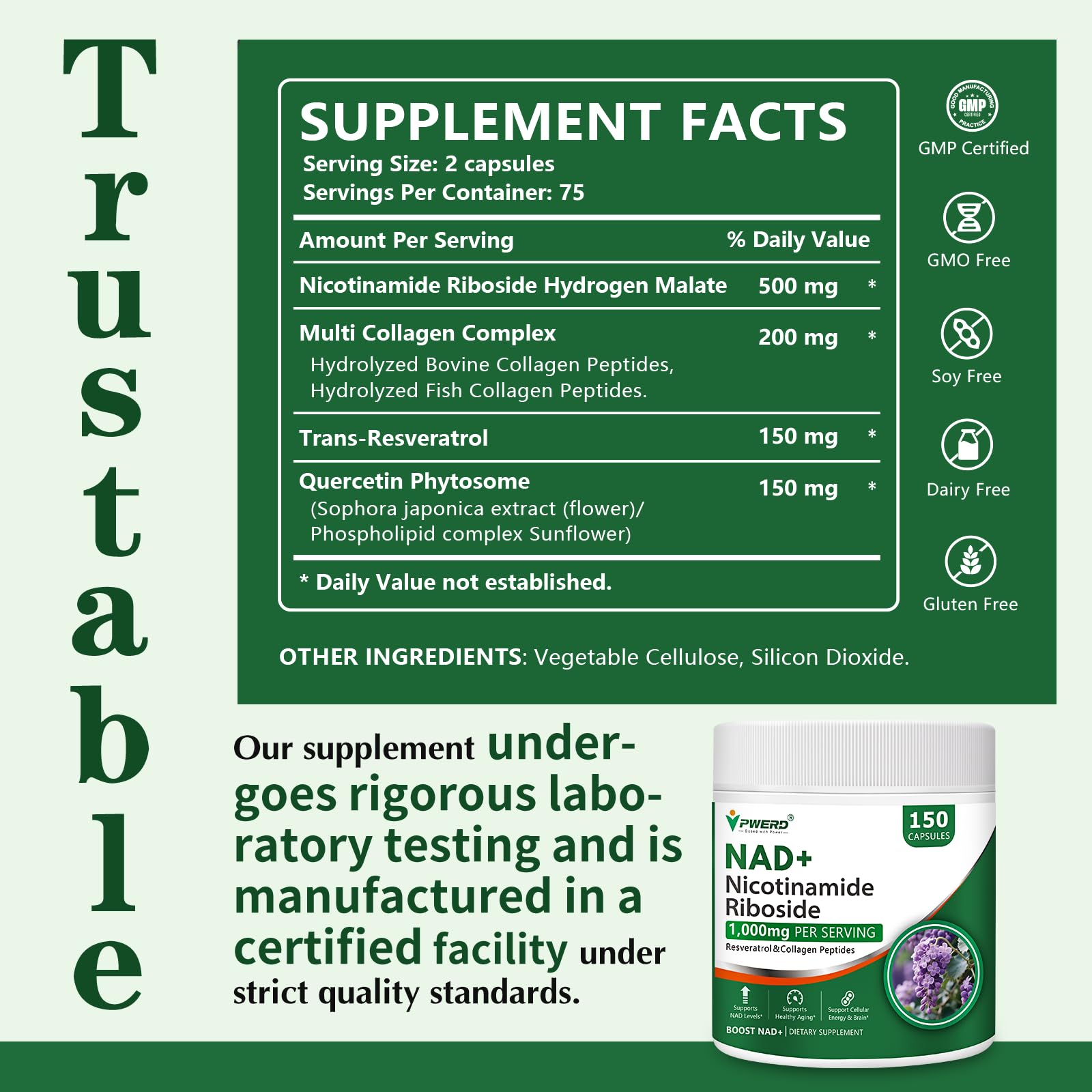 BestBy02/27 PWERD NAD+ Trans Resveratrol 1000mg 150 Capsules Supplement