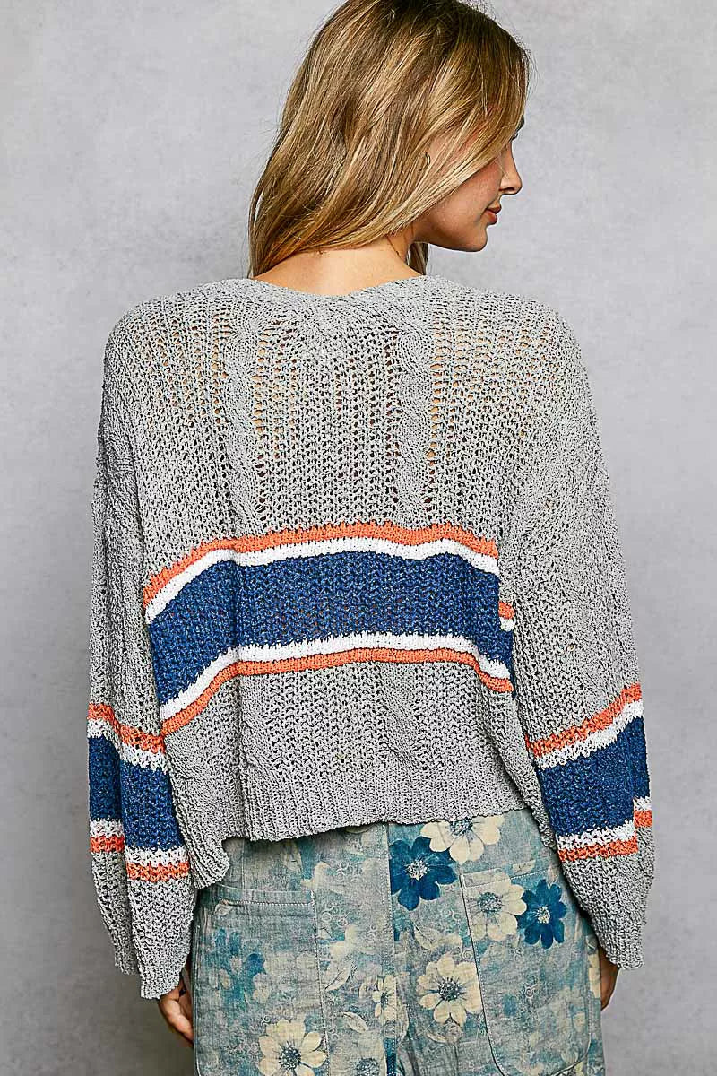 V-Neck Striped Pattern Cropped Knit Top with Cable Knit Detail