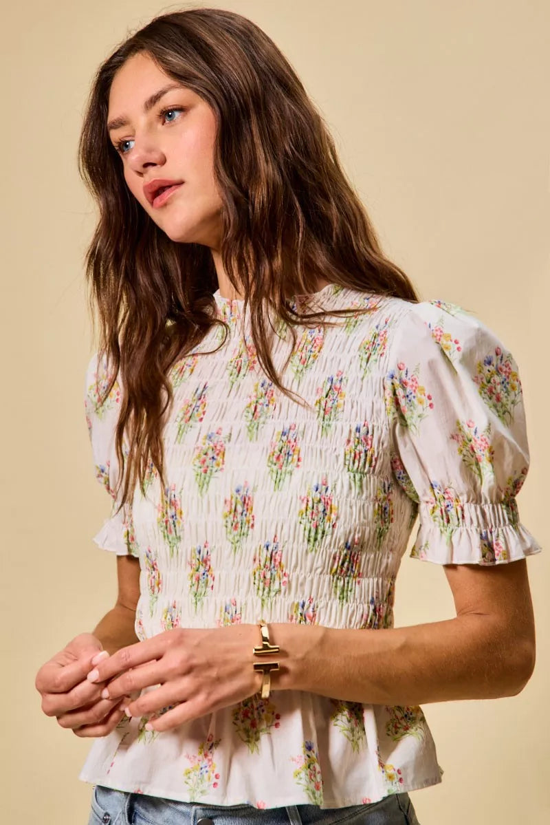 Floral Cotton Smocked Short Sleeves Blouse