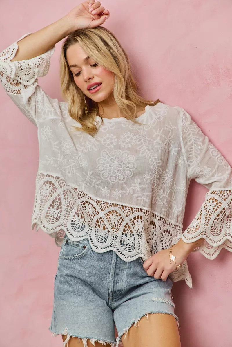 Floral Embroidered Crochet Lace Trimmed Top