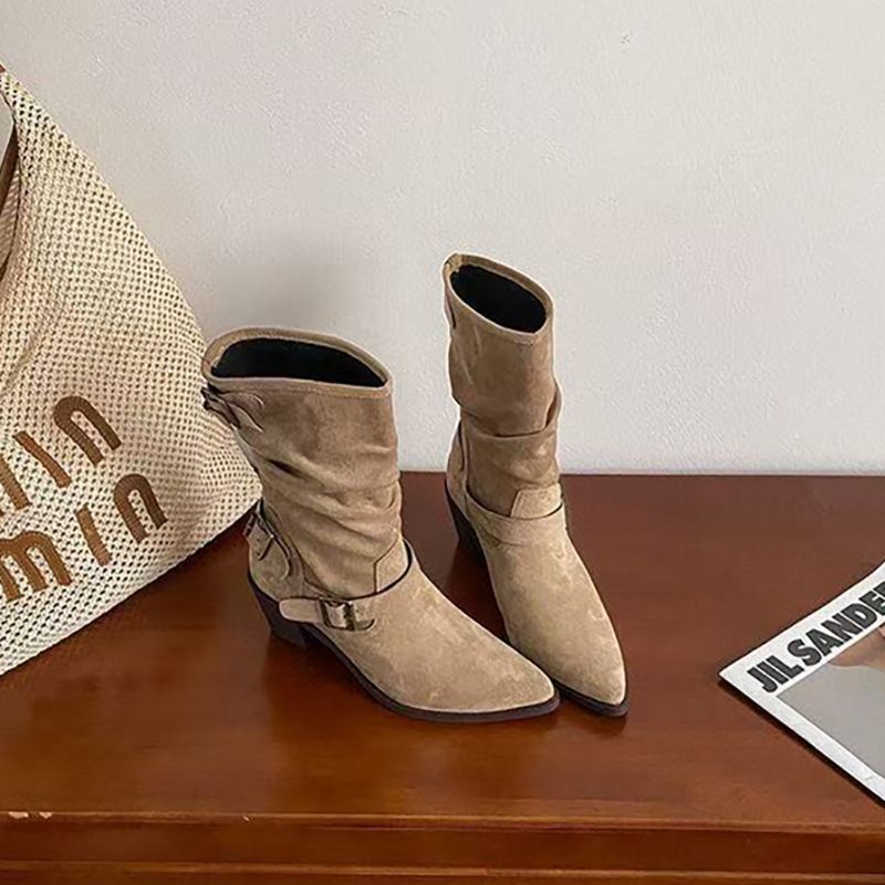 Women's Chunky Heel Pleated Suede Booties | Buckle Strap High Shaft Boots