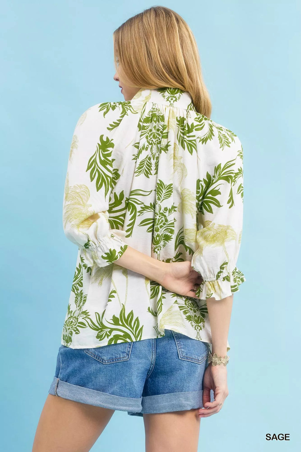 Leafy Damask Print Blouse with Contrast Scalloped Trim Detail
